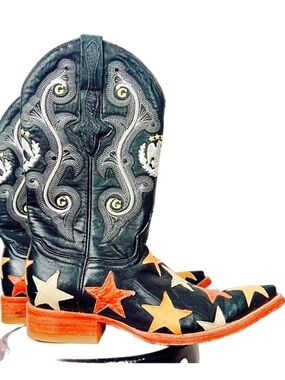 El General Black Cowboy Boot w Yellow and Orange Star Accents Sz 6
